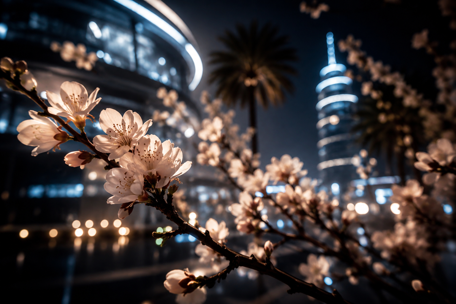 Close-up of cherry blossoms at night with modern buildings in the background.