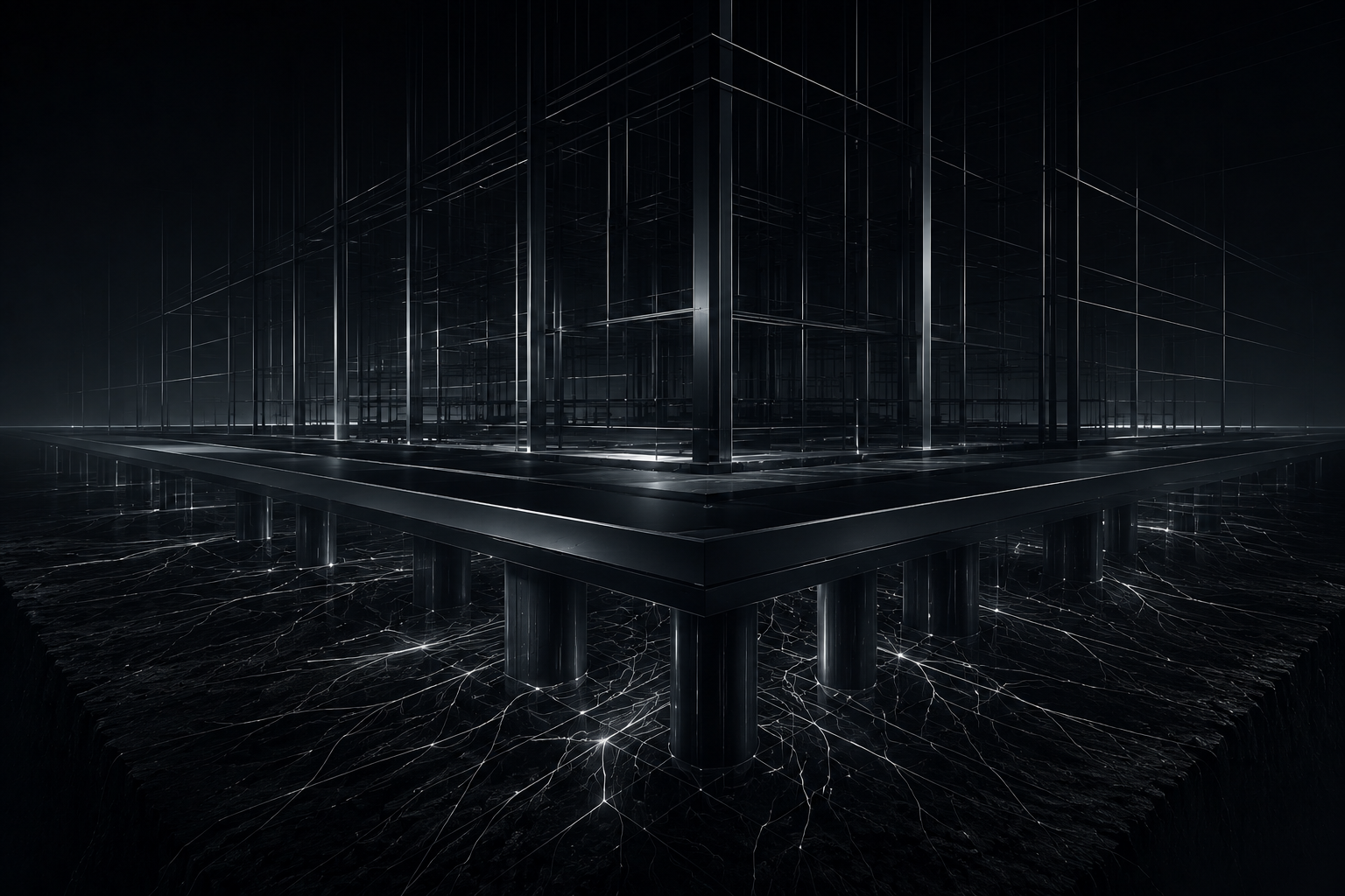 Abstract digital rendering of a futuristic architectural structure with glowing grid lines and supporting pillars over a dark, textured surface.