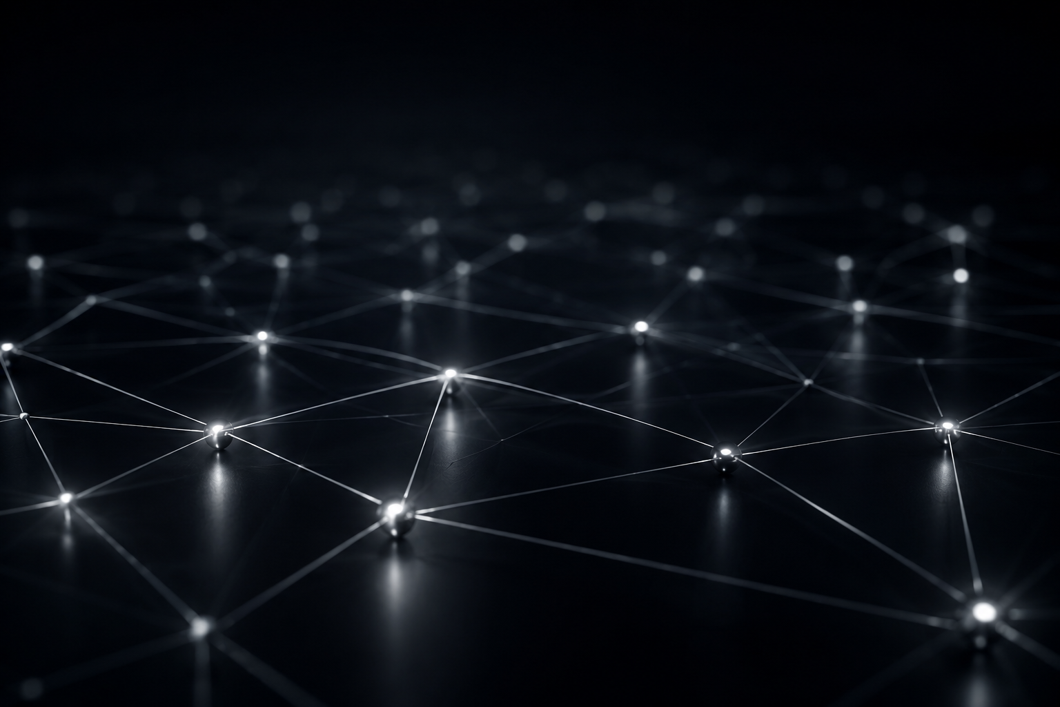 Abstract network of illuminated nodes and connecting lines on a dark background.