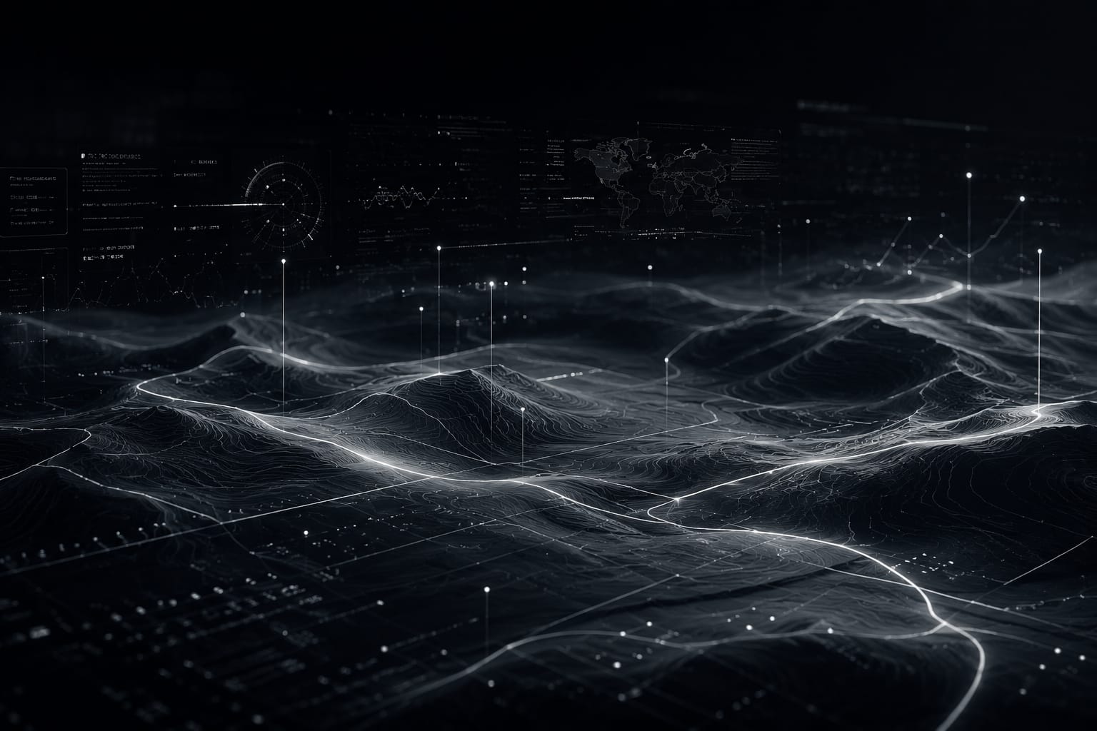 Abstract digital landscape with data visualization and technological elements.