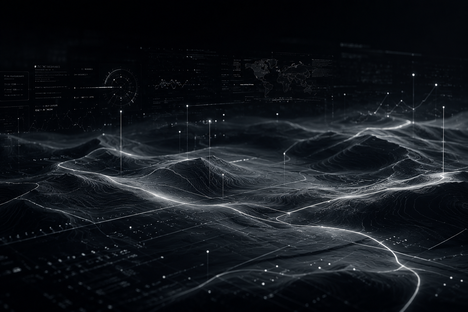 Abstract digital landscape with data visualization and technological elements.