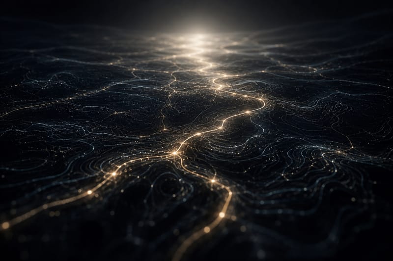Abstract digital landscape with glowing lines and points representing a network or data flow, creating a sense of depth with a horizon light in the background.