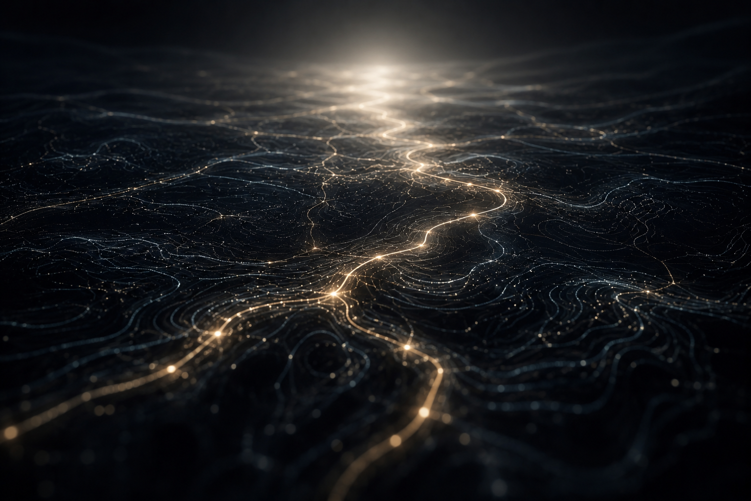 Abstract digital landscape with glowing lines and points representing a network or data flow, creating a sense of depth with a horizon light in the background.