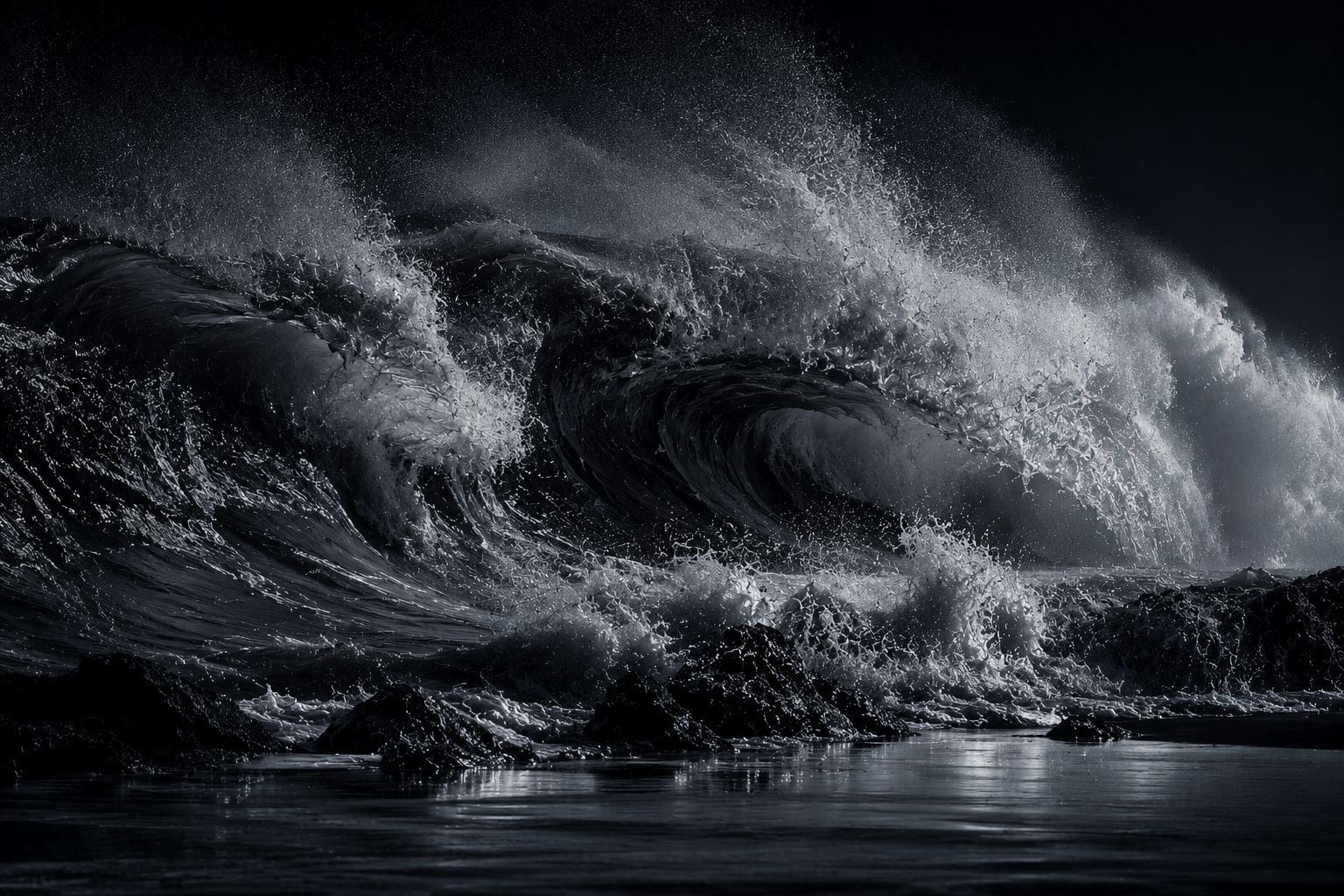 Dramatic black and white photograph of ocean waves crashing powerfully at night.