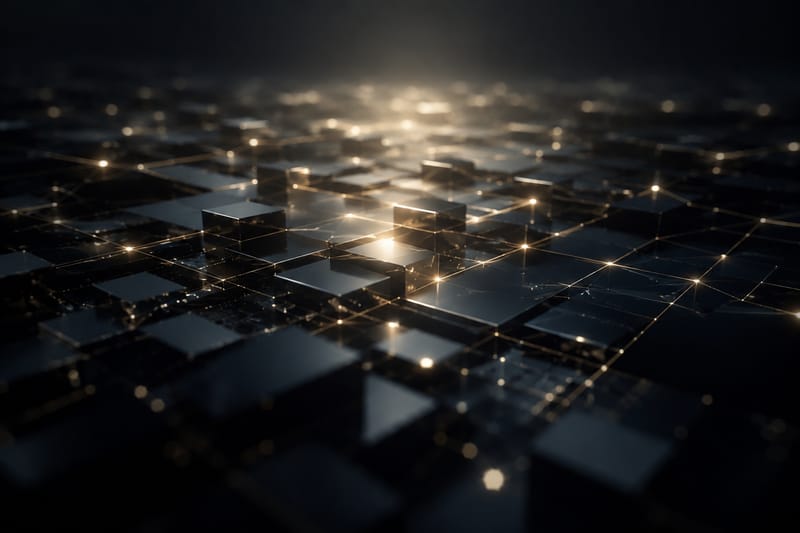 Abstract image of interconnected dark and glowing cubes in a grid-like pattern, symbolizing a digital network or technology theme.