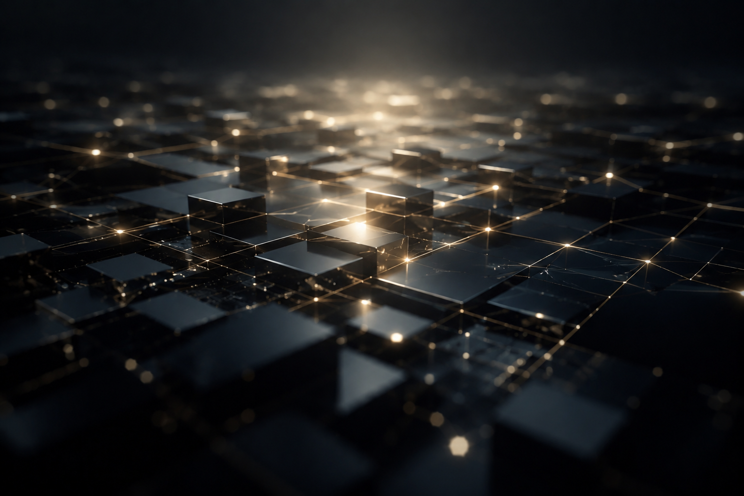 Abstract image of interconnected dark and glowing cubes in a grid-like pattern, symbolizing a digital network or technology theme.