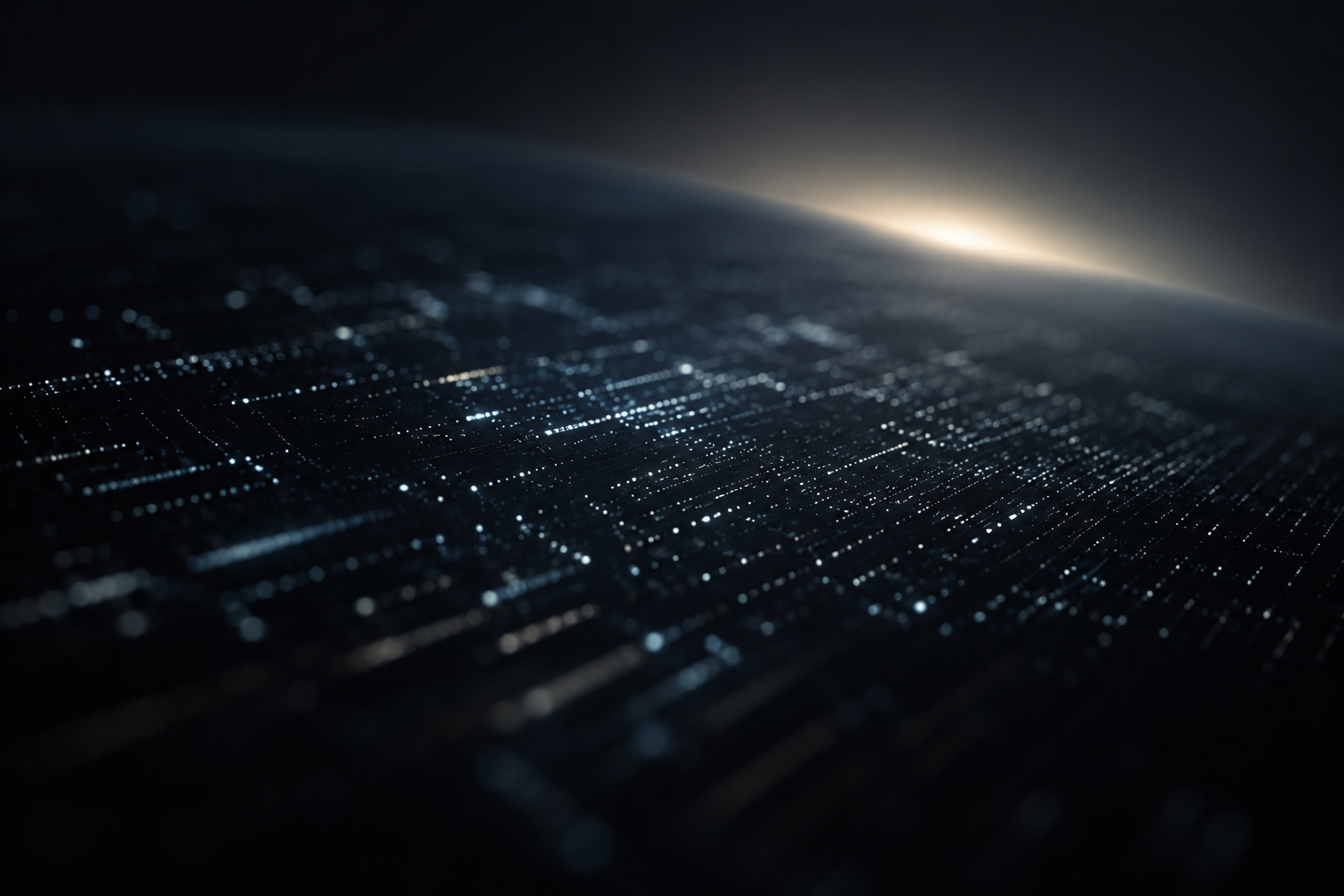 Futuristic abstract digital landscape with glowing particles on a dark background.