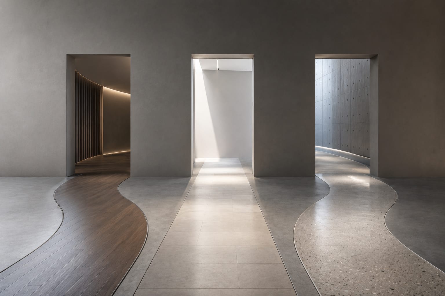 A modern architectural interior featuring three doorways with distinct pathways leading to each, showcasing different textures and designs.