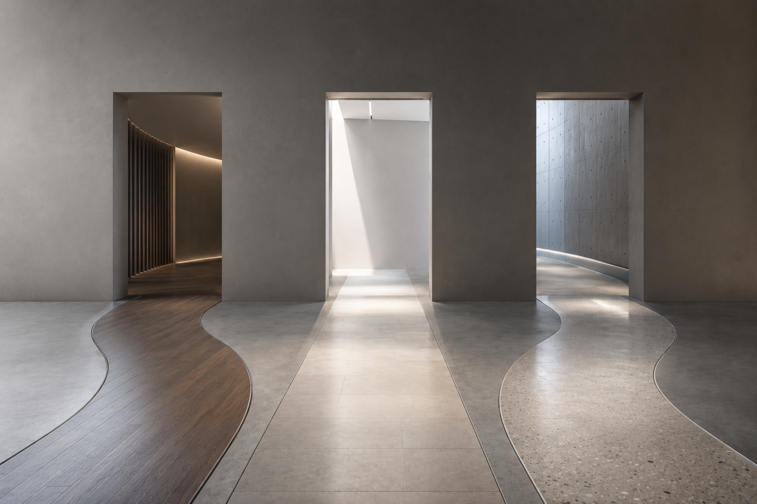 A modern architectural interior featuring three doorways with distinct pathways leading to each, showcasing different textures and designs.