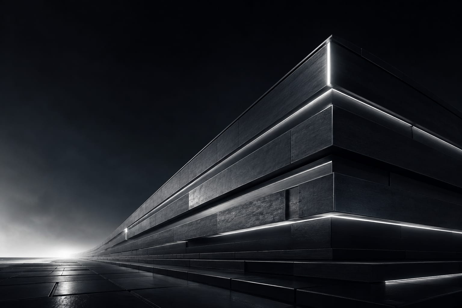Futuristic architectural structure with dynamic lighting and dark, sleek surfaces.