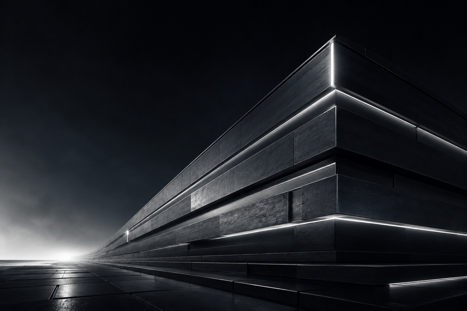 Futuristic architectural structure with dynamic lighting and dark, sleek surfaces.