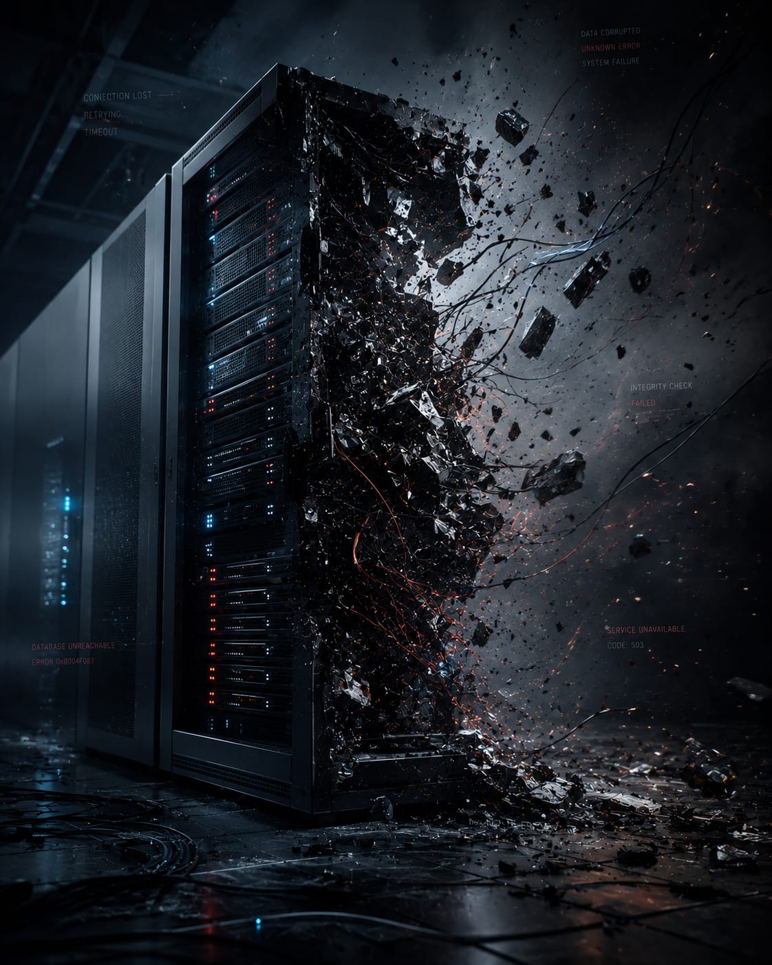 A dramatic image of a damaged server room with a server rack appearing to break apart, symbolizing a catastrophic failure in a data center.