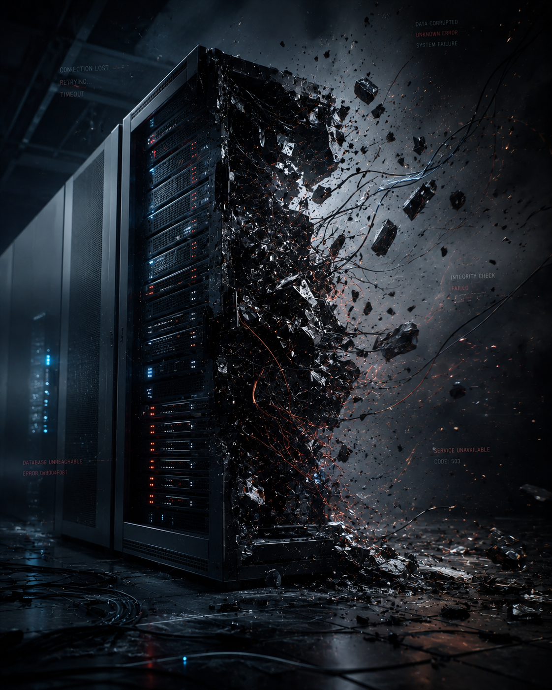 A dramatic image of a damaged server room with a server rack appearing to break apart, symbolizing a catastrophic failure in a data center.