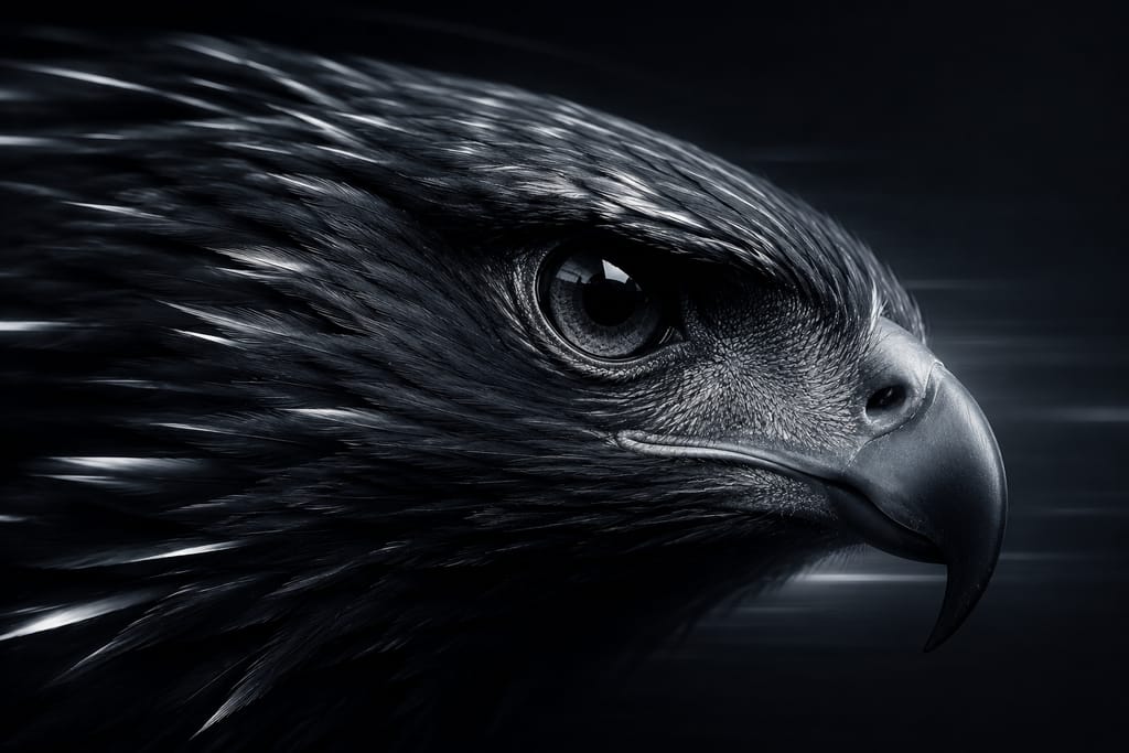 Close-up of an eagle's head, showing its detailed feathers and sharp beak, in a dramatic black and white tone.