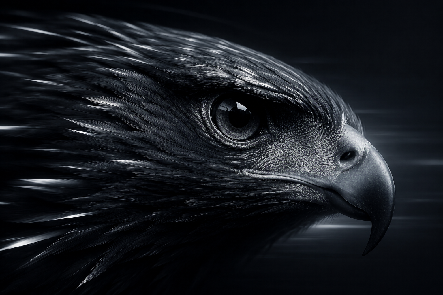 Close-up of an eagle's head, showing its detailed feathers and sharp beak, in a dramatic black and white tone.
