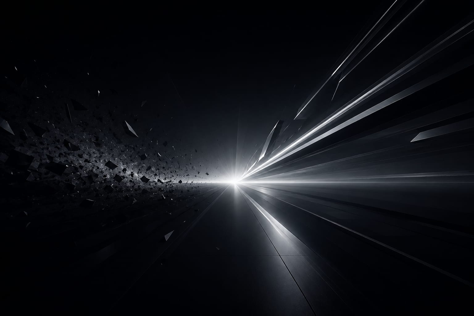 Abstract image of a dark scene with light rays and floating geometric shapes.