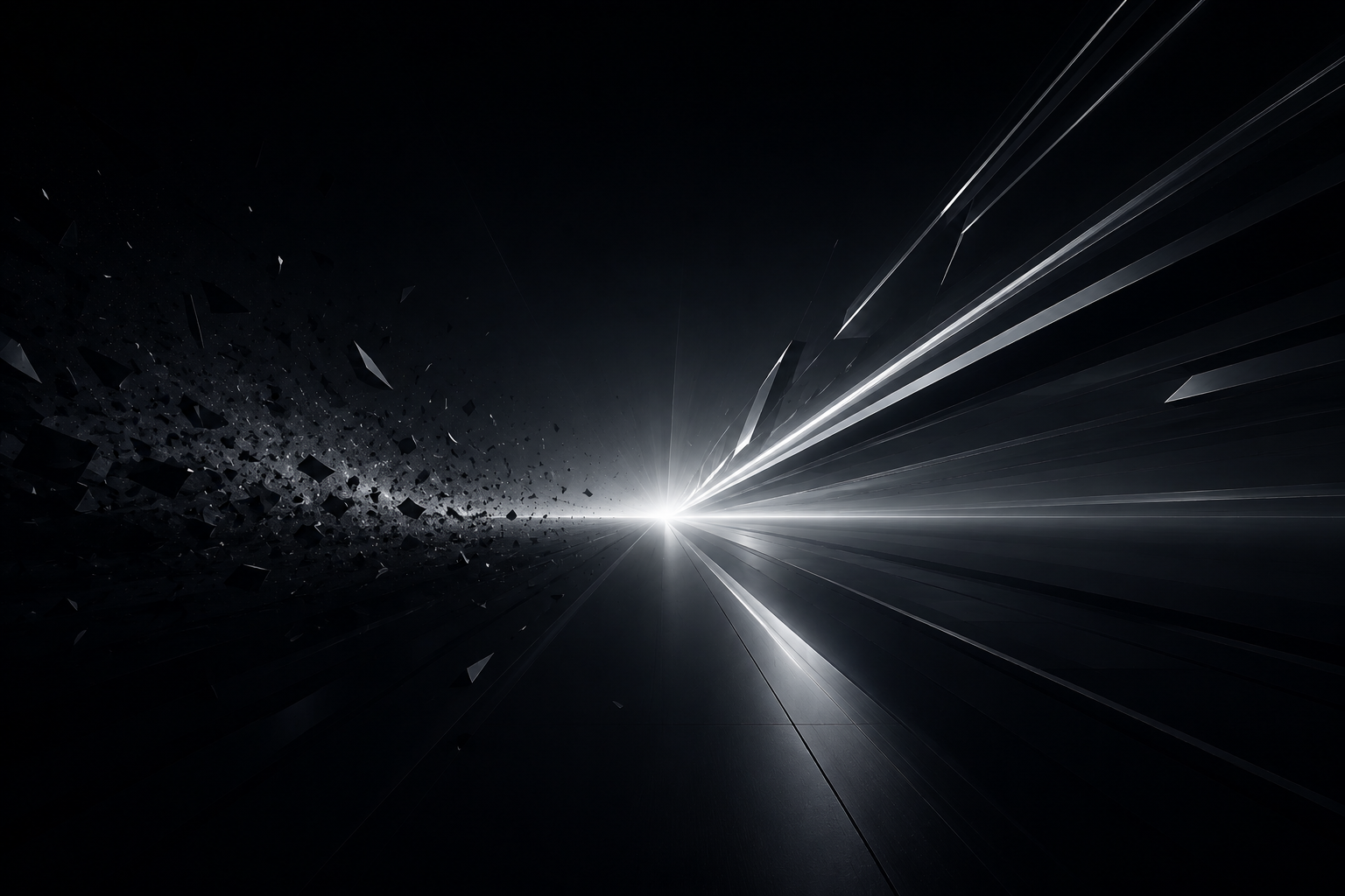 Abstract image of a dark scene with light rays and floating geometric shapes.