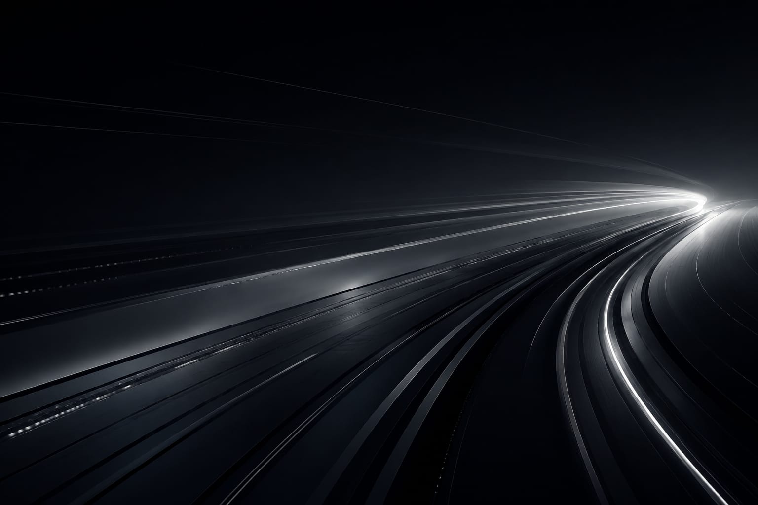 Abstract image of curved light trails on a dark background, resembling a futuristic highway or racetrack.
