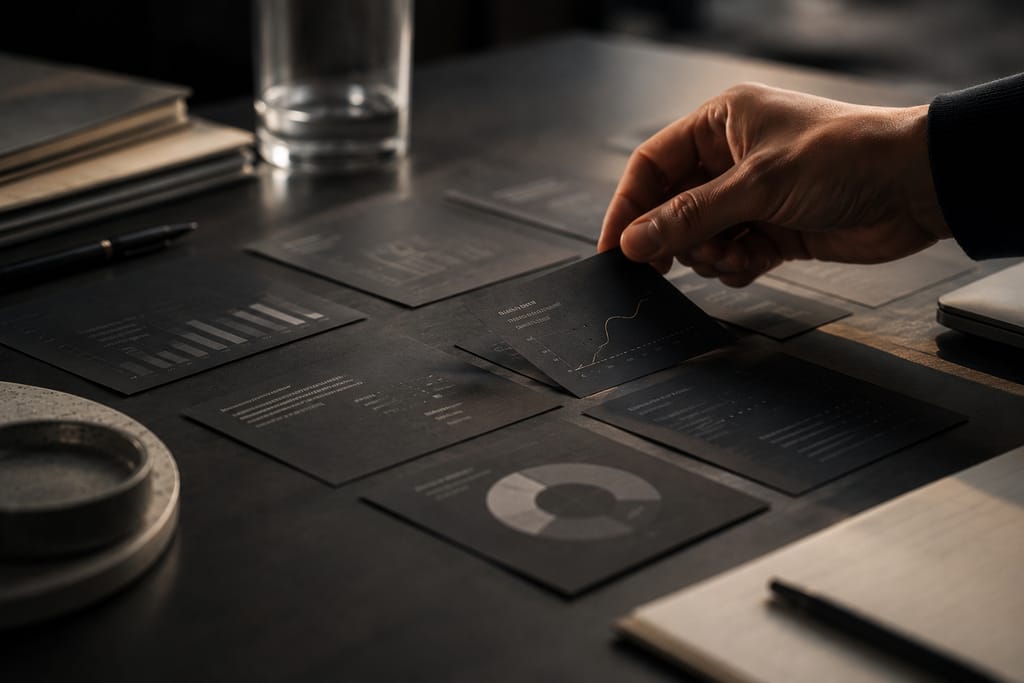 A person arranging dark-colored business cards or data charts on a desk, with graphs and charts visible, alongside notebooks and a pen.