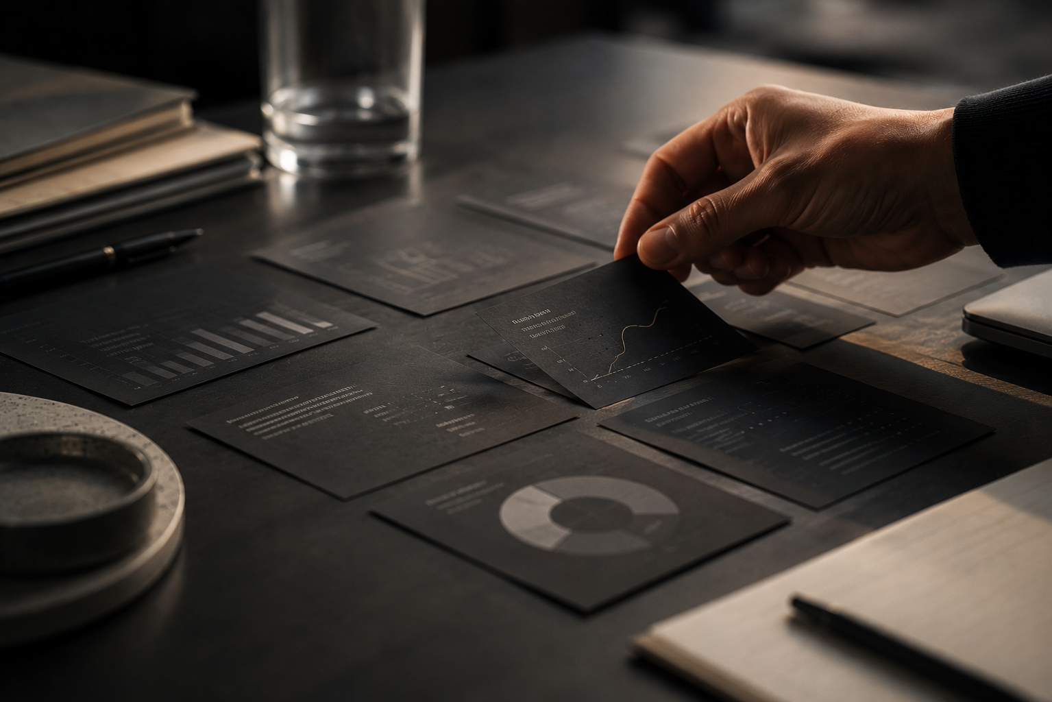 A person arranging dark-colored business cards or data charts on a desk, with graphs and charts visible, alongside notebooks and a pen.