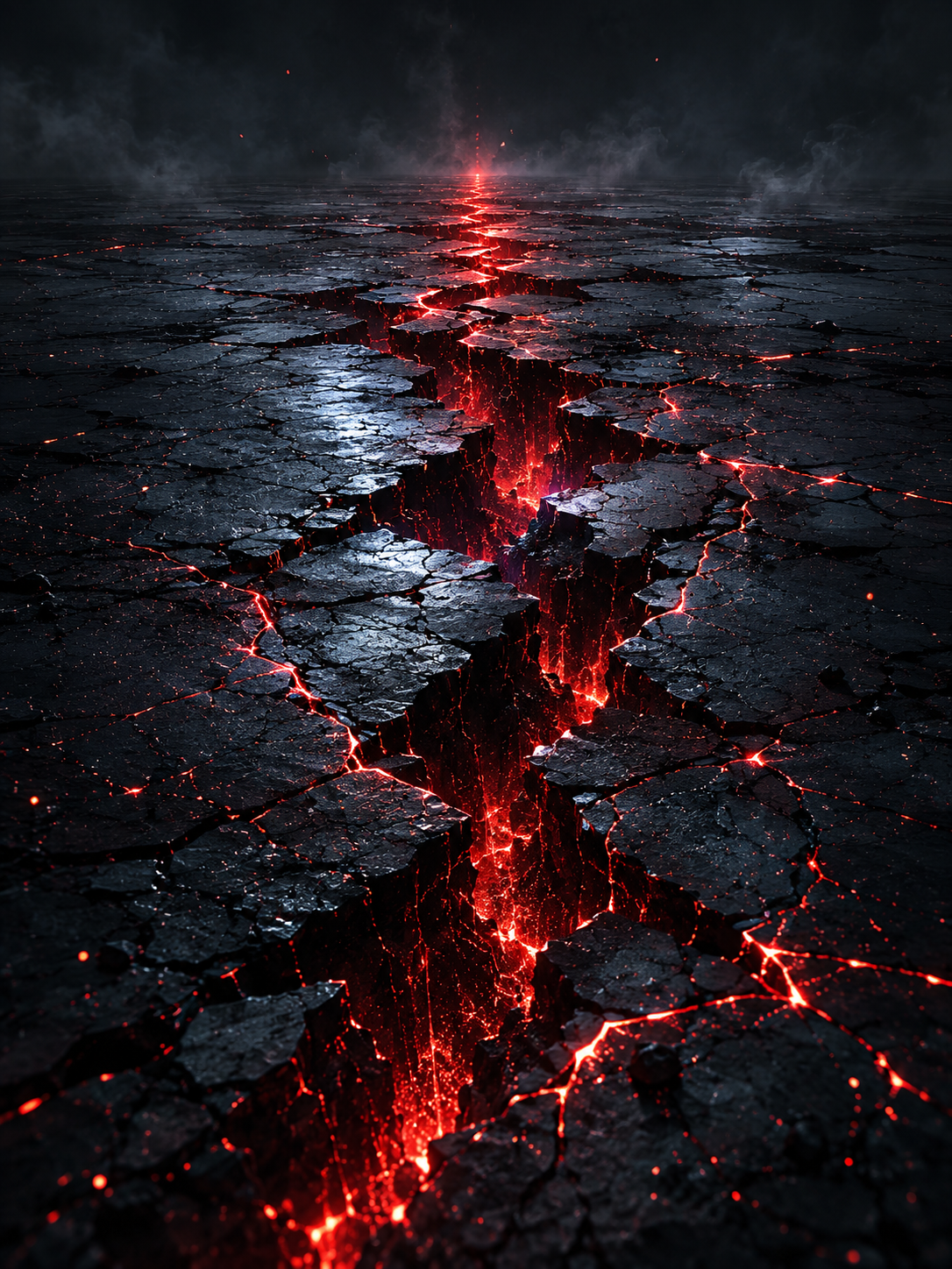 A dramatic landscape of a cracked earth with a glowing red fissure resembling lava, set against a dark, smoky sky.