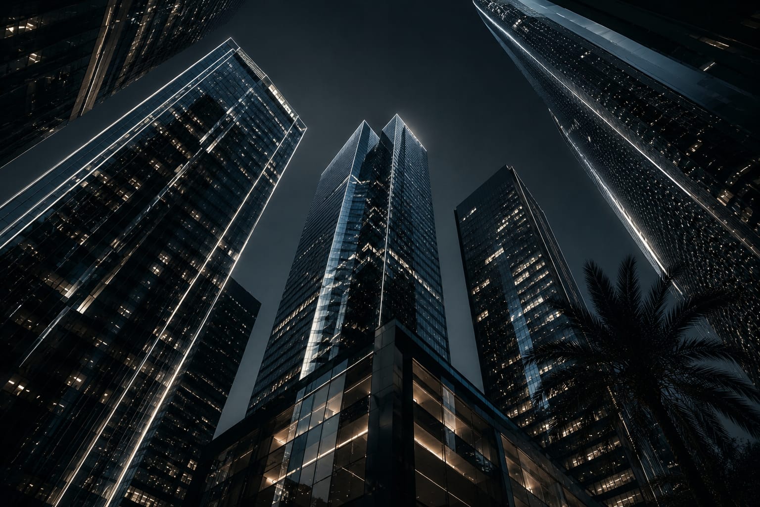 Dramatic view of tall, modern skyscrapers at night with reflective glass surfaces and illuminated windows, surrounded by a palm tree silhouette.