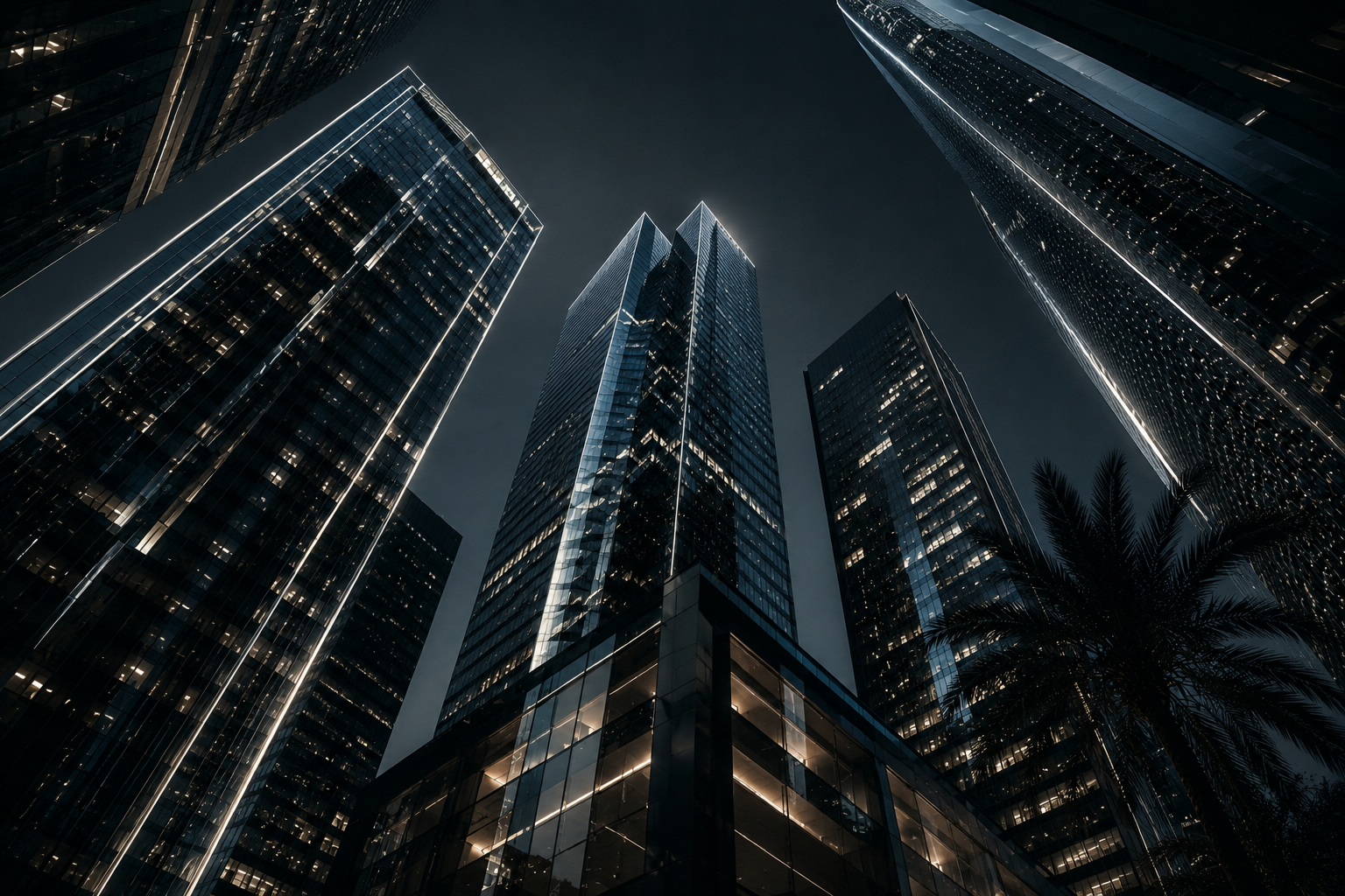 Dramatic view of tall, modern skyscrapers at night with reflective glass surfaces and illuminated windows, surrounded by a palm tree silhouette.